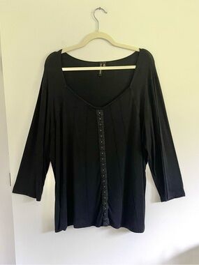 Susan Lawrence 2X Black Scoop-Neck Hook-Front 3/4 Sleeve Top Whimsigoth Grunge